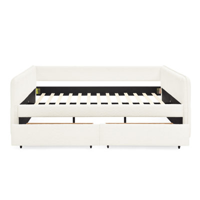 Daybed With Trundle And Storage Space Drawers, Queen Size Upholstered Bed In Beige Boucle, Stripe Pattern, Comfortable Back Arm Support, Quick Assembly Steps Ample Space, Work
