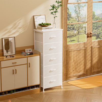 Commode pour chambre à coucher avec 5 tiroirs, commode haute pour garde-robe, commode blanche à poignée dorée Chagnon