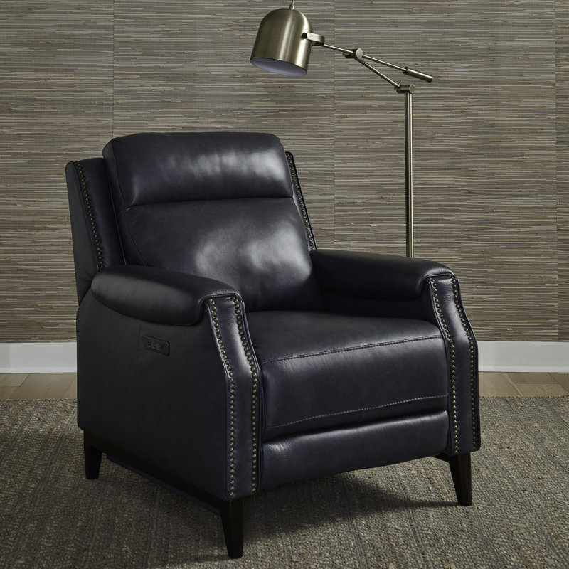 Jodena Leather Recliner w/ Nailhead Trim, Power - Push Button, Navy Leather