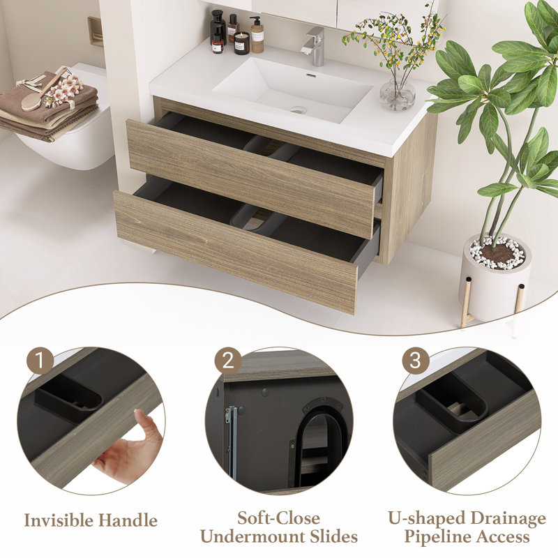 Meuble-lavabo mural 42 po avec lavabo en résine intégré et 2 tiroirs, Gris cendre