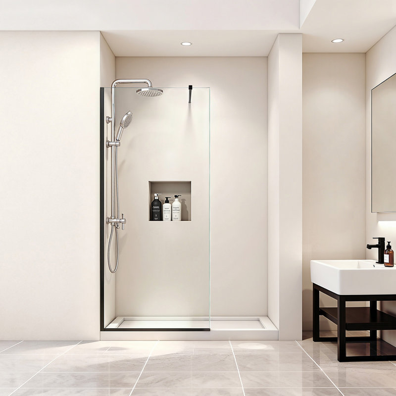 Fixed Glass Shower Panel, 34 x 73.6 in Semi-Framed Fixed Shower Screen, 5/16 in Thick Clear Tempered Glass Door with Bottom Seal Strip and Hardware, Easy to Clean, for Bathroom, Matte Black