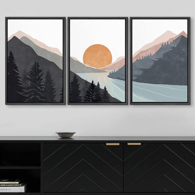 «Sun Mountain Landscape Range Abstract Lake Nature», ensemble de 3 reproductions d'art sur toile encadrées