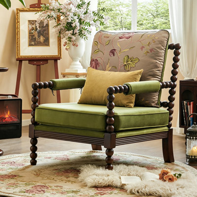 Chaise de loisir en bois massif vert H 37,4 po avec accoudoirs perlés rétro et dossier en tissu brodé, tabouret d'appoint simple pour tout espace