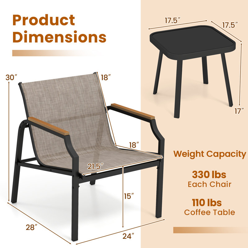 Ensemble de 3 chaises d'extérieur avec cadre en métal et table avec siège en tissu respirant