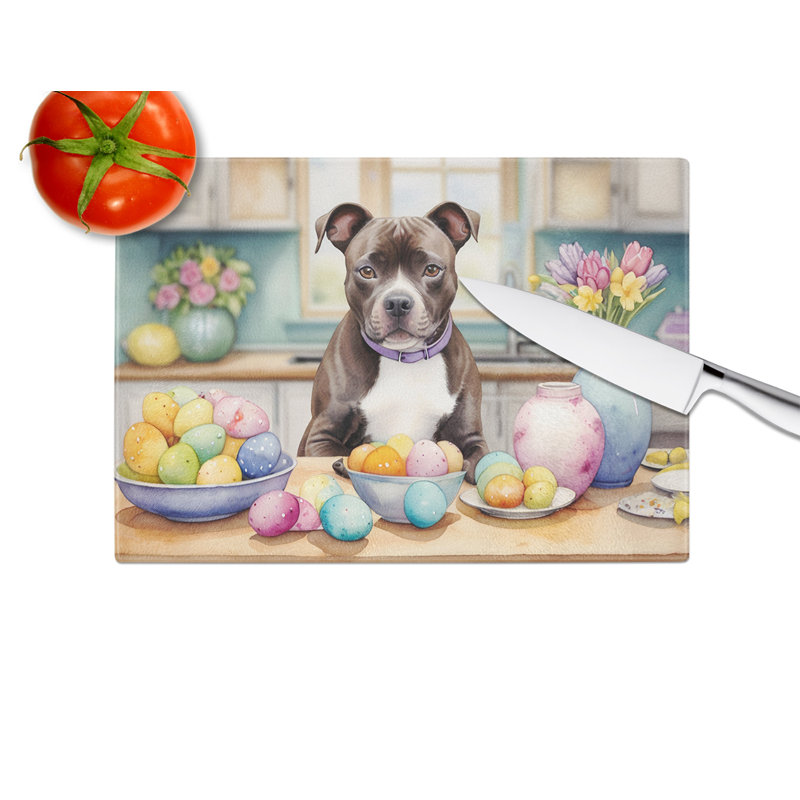 Decorating Easter Staffordshire Bull Terrier Glass Cutting Board
