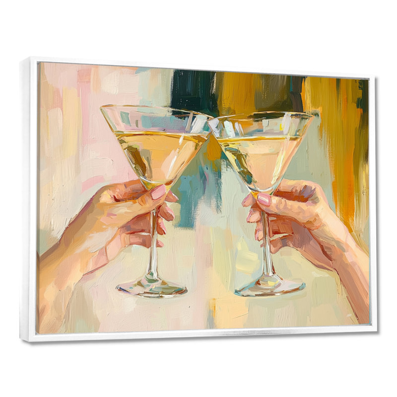 Martini Cocktail Glasses Friends - Impressions sur toile de couleur liqueur, H 12 po x l 20 po, Cadre flottant, Blanc