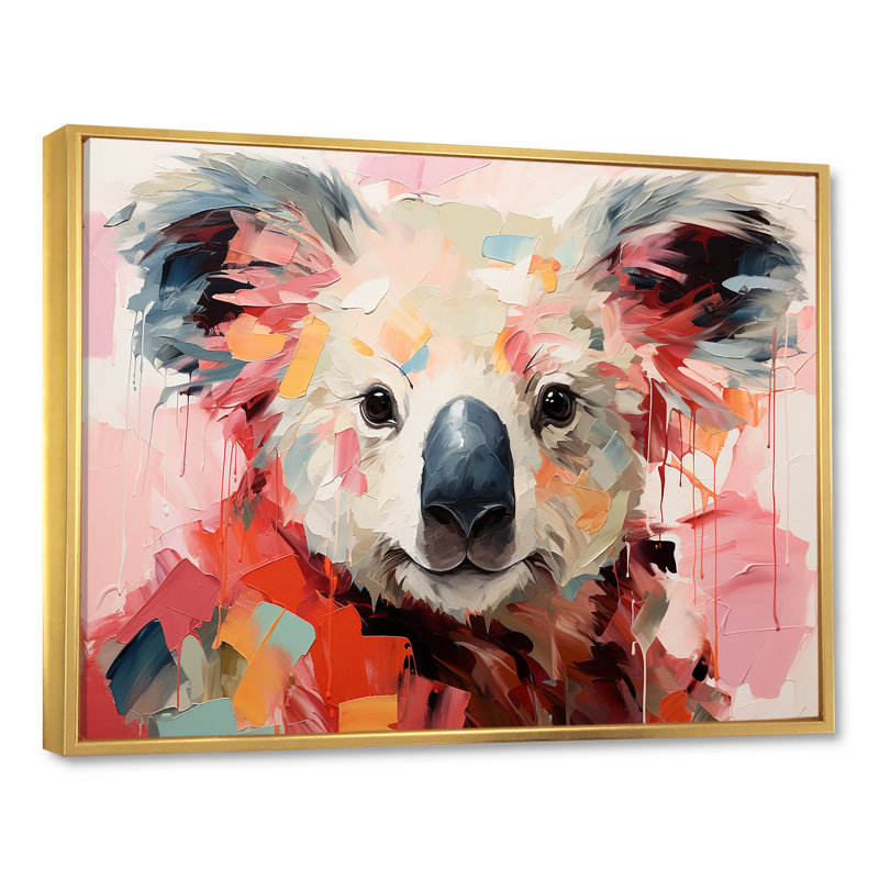 Floral, rose et vert Koala III - Koala, art mural animal, Cadre flottant doré, H 34 po x l 44 po x P 1,5 po