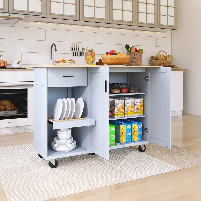 49" Drop-Leaf Countertop Kitchen Cart With Spice Rack & Towel Rack, Gray