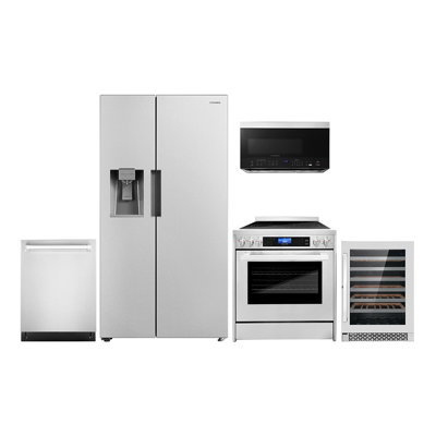 Cosmo 5 Piece Kitchen Appliance Package with Side By Side Refrigerator 29.8'' Electric Freestanding Built-In Over-the-Range
