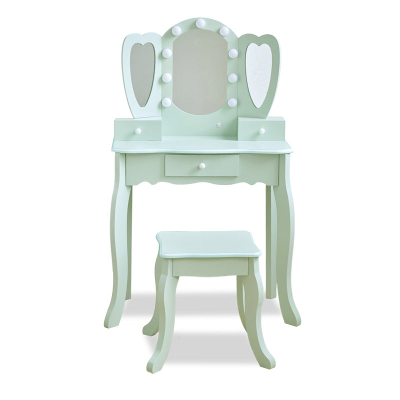 Teamson Kids Heart Glow Wooden Vanity Set With LED Lights Mirror & Stool, Green