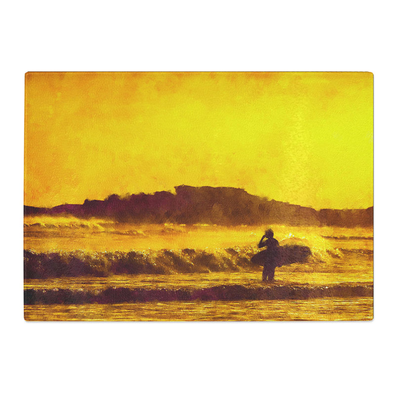 Man Surfing at Sunset Painting Chopping Board, 0.4cm H x 20cm W x 28.5cm L