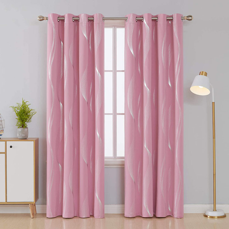 Spurgh Sliver Wave Foil Print Blackout Thermal Grommet Curtain Panels (Set of 2), Pink, 52" W x 90" L