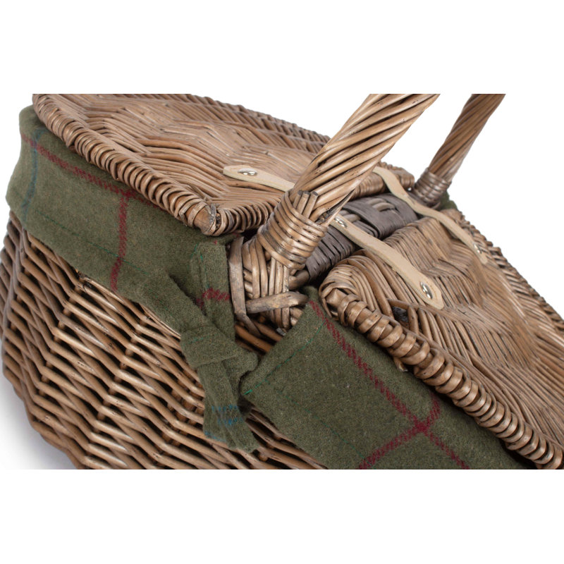 Wicker Picnic Hamper Basket with Lining, Antique Wash/Green Tweed