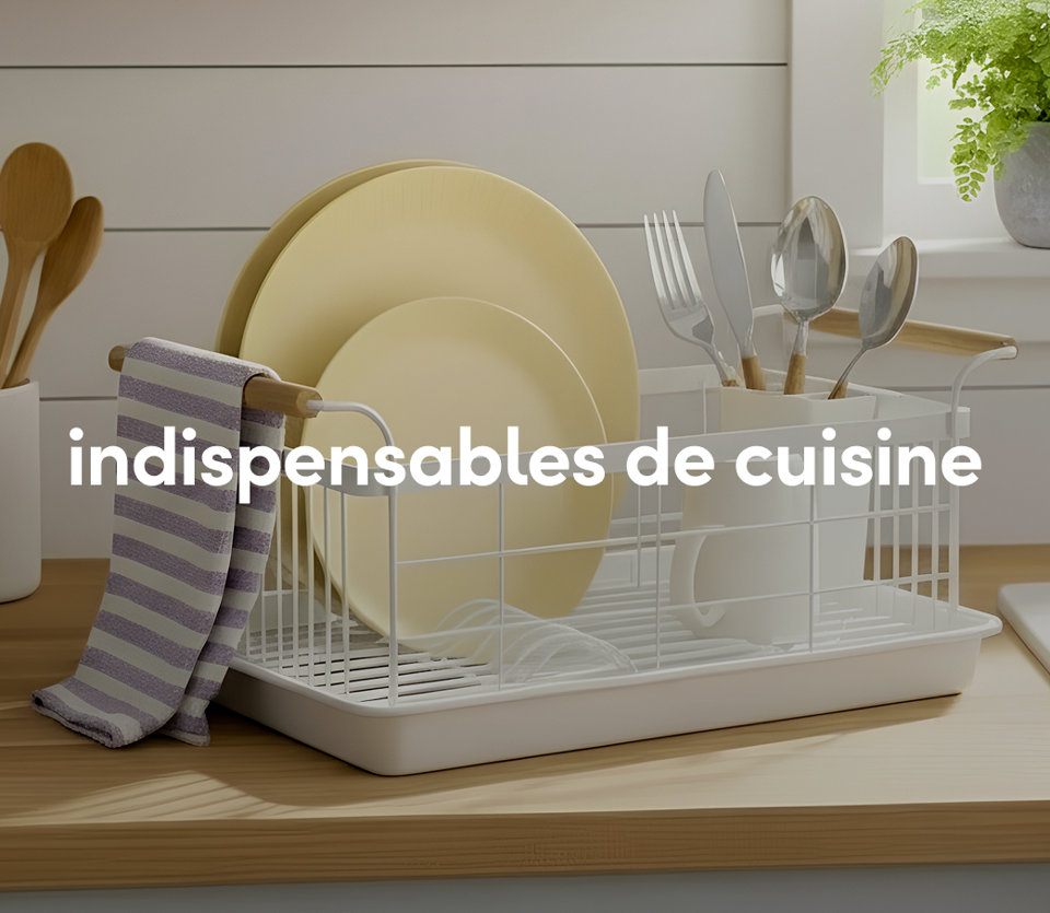 A white dish drying rack with clean white plates and a glass, displayed on a kitchen counter.