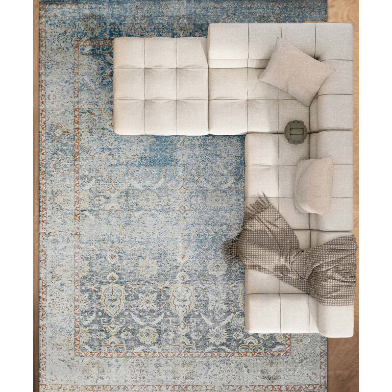 Hand Knotted Wool Oriental Area Rug in Blue/Silver/Rust, Rectangle 5' x 8'