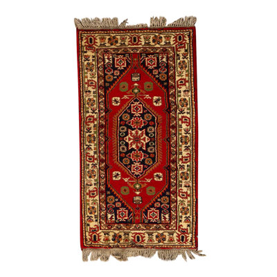 Tapis rouge / brun / beige en laine noué à la main de conception unique 2 pi 7 po x 4 pi 9 po