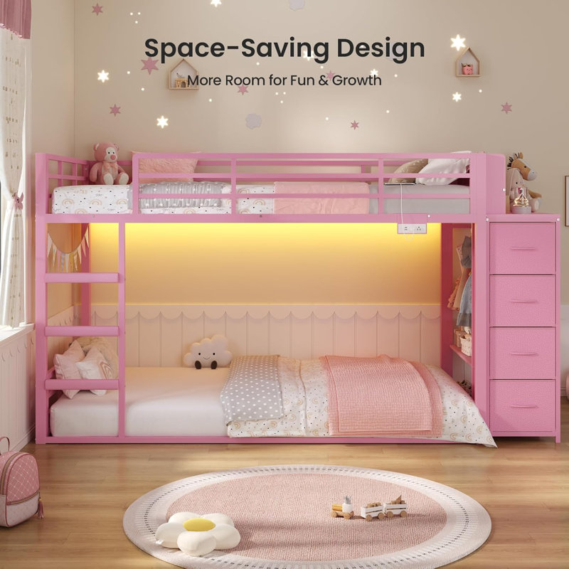 Metal Twin Over Twin Kids Bunk Bed with Bookshelf, 4 Storage Drawers, Built-in Power Outlet & RGB LED Lights, Clothing Rack, Full Safety Guardrail & Ladder, Space-Saving Bunk Bed for 2 Children Small Bedroom