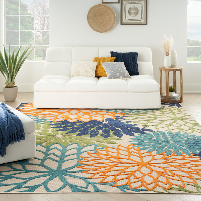 Alsaedi Floral Green/Blue/Orange Indoor/Outdoor Area Rug, Rectangle 12' x 15'