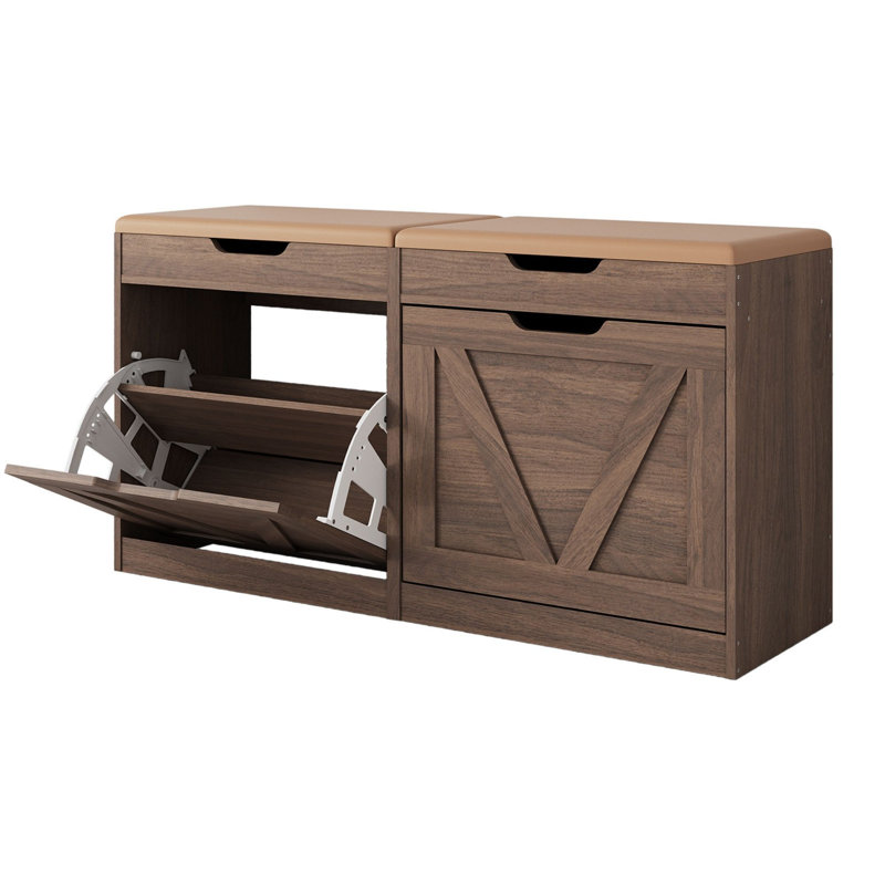 Banc de rangement à chaussures de 38,6 po avec coussin de siège et armoire à tiroirs rabattables, Brun
