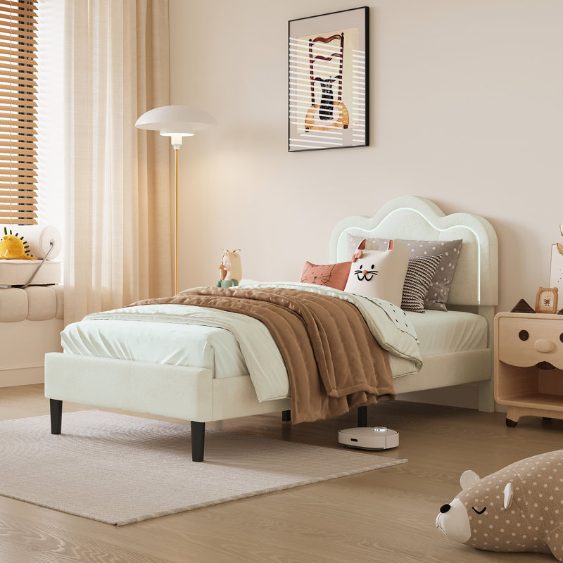 Twin Size Bed Frame PU Upholstered with Height Adjustable Mountain Design Headboard
