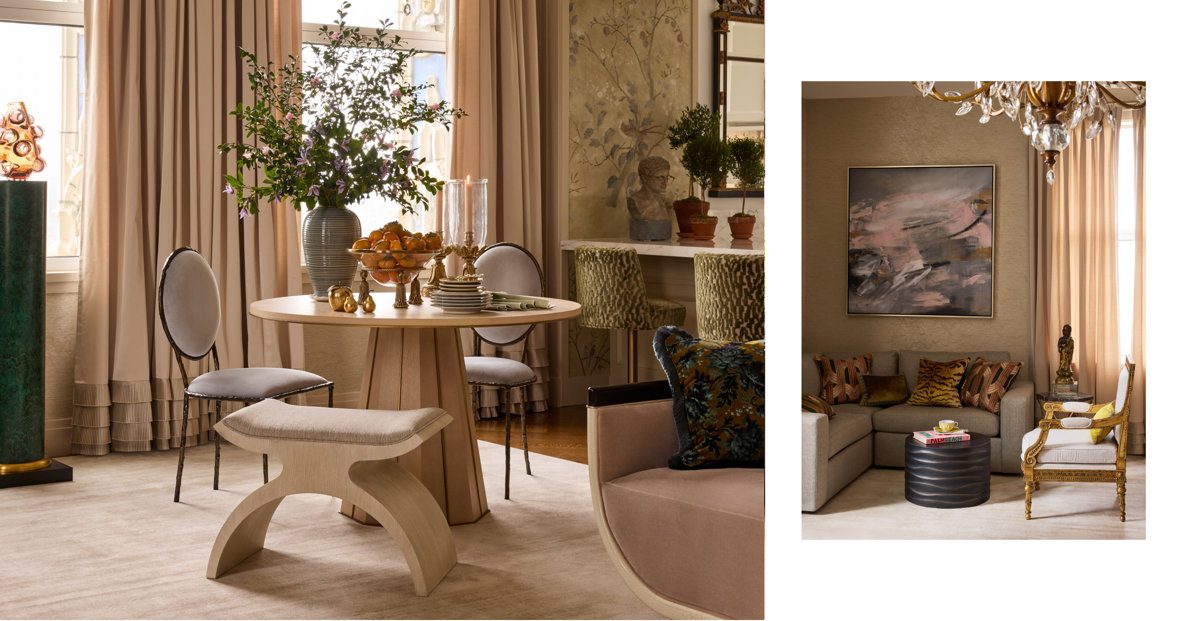Two interior scenes with seating arrangements, tables, and decor.