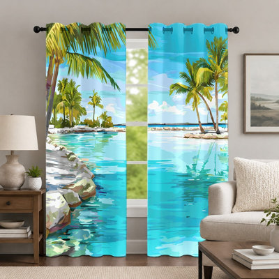 2Pcs Tropical Beach Scenery Curtains, Coastal Style Curtain, Island Palm Tree Ocean Landscape Printed Art Grommet Drapes, Window Treatment for Bedroom Living Room Decor