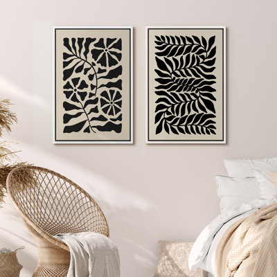 Abstract Botanical " Black Abstract Floral Botanical Minimalist Modern Eclectic Print Boho Wall Art Decor " 2 - Pieces