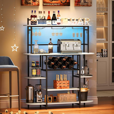 Meuble-bar avec casier à vin, éclairage DEL RVB, étagères de rangement pour bouteilles et verres, table de bar rustique en bois pour salon, cuisine et appartement