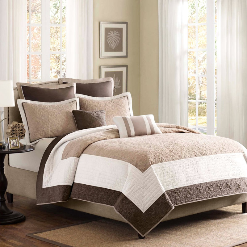 Courtepointe beige / double 7 pièces, coussins décoratifs Medallion Euro et motif double / grand lavable à la machine