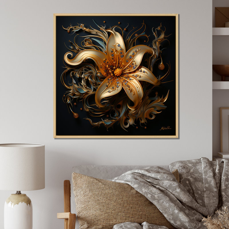 Impression sur toile Golden Lily Flower Glam On Black I, 30" H x 30" W, Cadre flottant brun