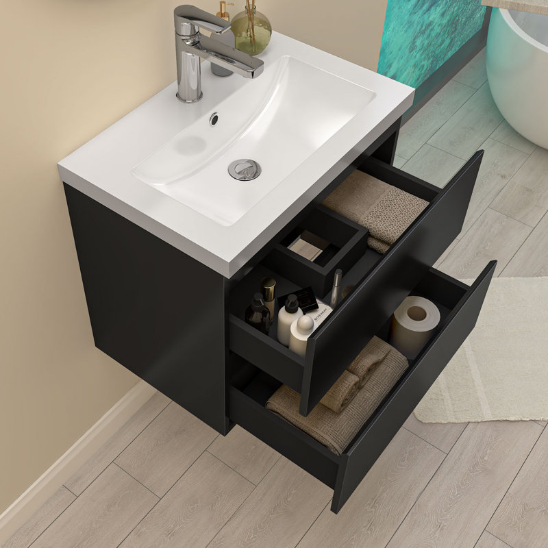 Glossy Vanity Unit,Wall Mounted,Detachable,Soft Close,Two-Drawer+Basin, Black