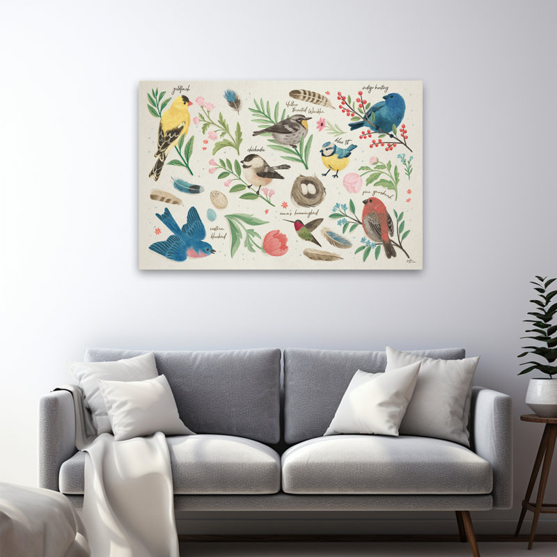 Étude d'oiseaux I - animaux, baies, oiseaux, art bleu, H 36 po x l 48 po
