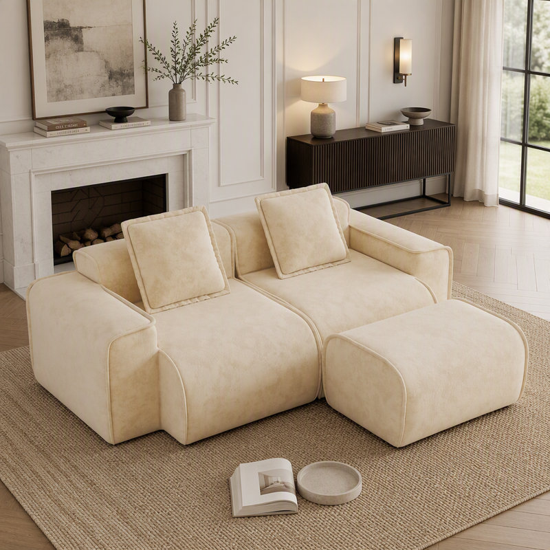 Canapé modulable 2 places sans ossature avec coussins décoratifs, 2 sièges et 1 repose-pieds, Chameau clair