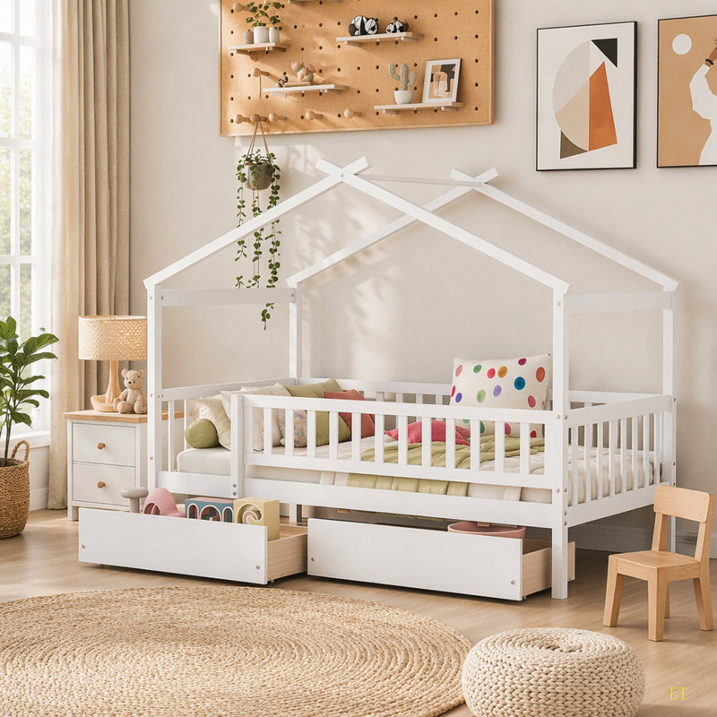 Lit simple en bois avec deux tiroirs, Blanc