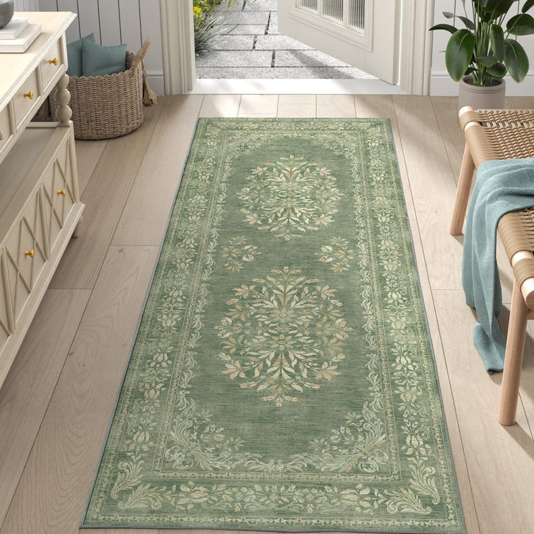 Vintage Floral Distressed Design Non-Slip Low-Pile Soft Thin Faux Wool Area Rug