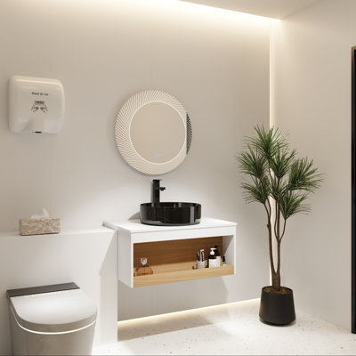 Meuble-lavabo flottant avec lavabo vasque noir veiné blanc et tablette ouverte