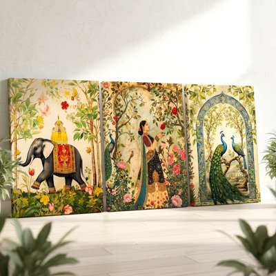 3 Pieces Indian Themed Large Wall Art, Three Pieces Wall Art for Living Room, Bedroom, Office, Dining Room, and Stylish Modern Home Decor, Framed Look