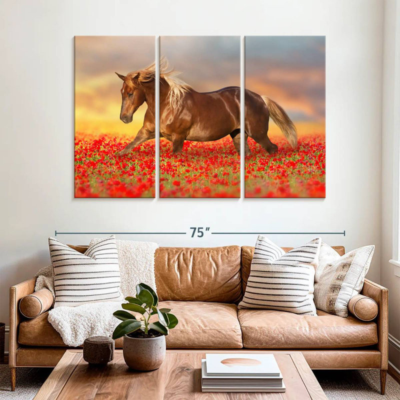 Cheval dans un champ de coquelicots, H 42 po x l 65 po