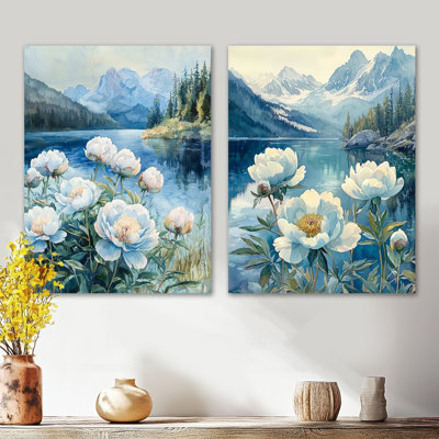 Pivoines au bord du lac de montagne en hiver I - ensemble de 2 reproductions d'art botaniques blanches en métal