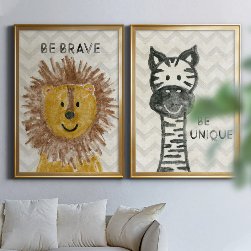 Safari Be Brave - ensemble de 2 reproductions, H 26,5 po x l 73 po x P 1,5 po, Toile encadrée dorée, Pas de tapis