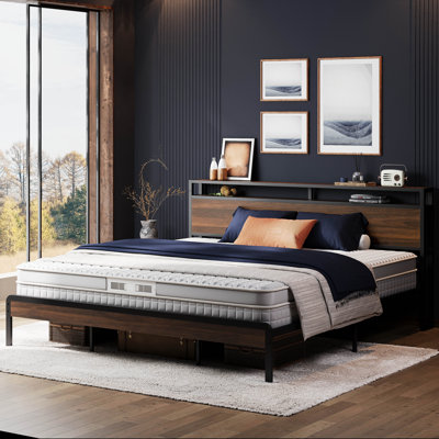 California King Bed Frame with Headboard, Walnut Wood with Strong Metal Supports, Sturdy, Noise-Free, No Box Spring Needed