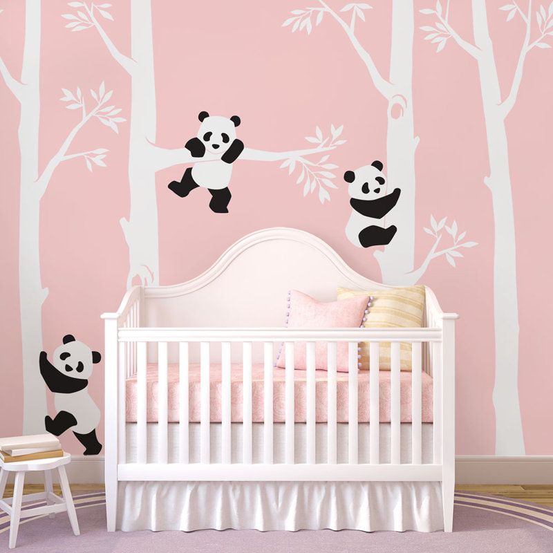 Adhésif décoratif arbre avec des pandas, Blanc / noir