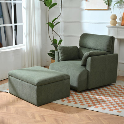 Chaise surdimensionnée avec repose-pieds avec rangement, fauteuil avec accents larges, méridienne moderne, fauteuil de lecture rembourré de style Mid-Century, fauteuil de salon confortable, canapé à assise profonde