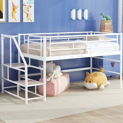 Lit mezzanine moyen avec escalier de rangement, simple, blanc