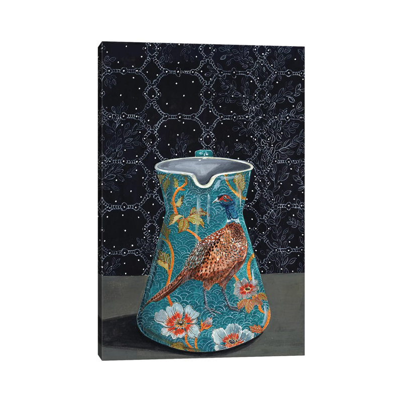 Turquoise Pitcher With Pheasant by Miri Eshet - Painting on Canvas, Wrapped Canvas, 101.6 cm H x 66.04 cm W x 1.91 cm D