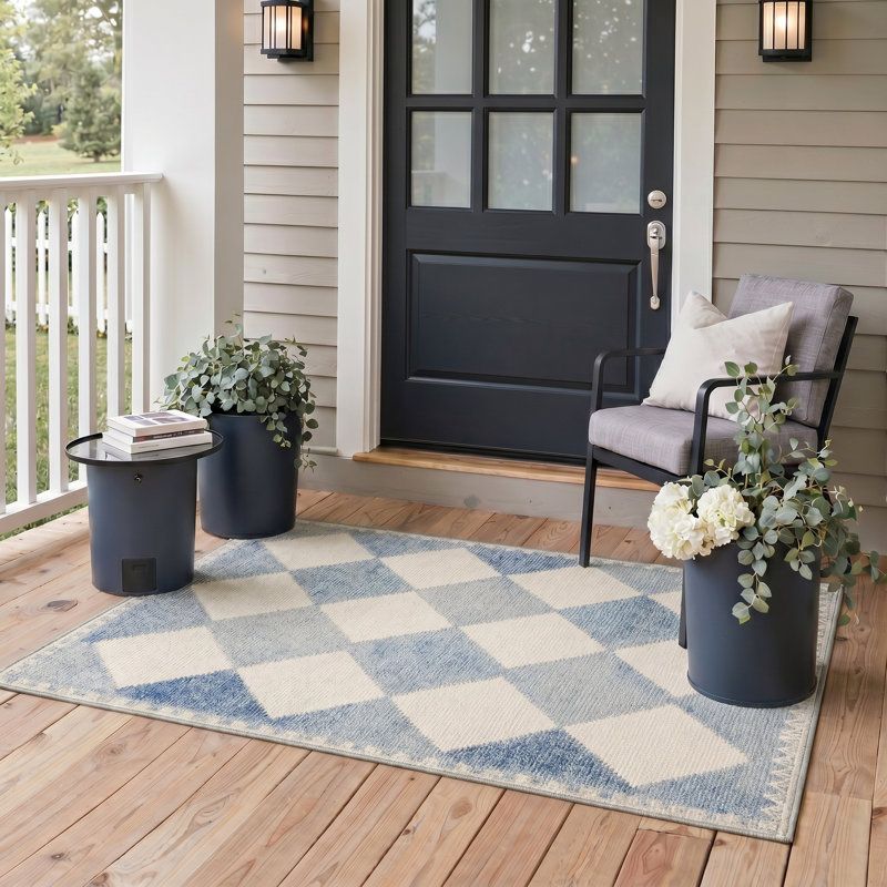 Abdellah Coastal Geometric Diamond Machine Washable Blue / Beige Indoor Area Rug with Non-Slip Backing, Rectangle 6' x 9'