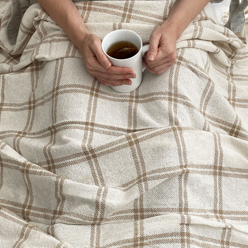 Double Windowpane Hand Woven Throw Blanket, White/Tan