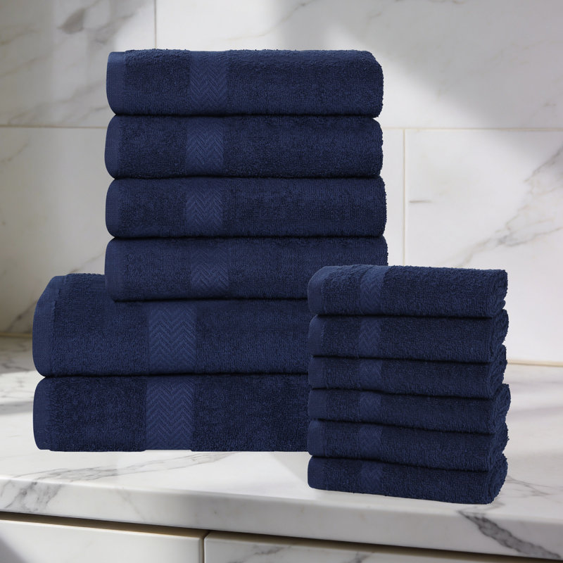 Lightweight Cotton Quick-Drying Bathroom Towel Set, 12 Piece Towel Set, Navy Blue