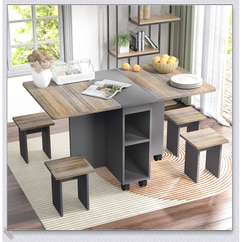 Ensemble de table de salle à manger extensible 5 pièces avec 4 chaises, abattant 55 po, rangement et 6 roulettes pour les petits espaces