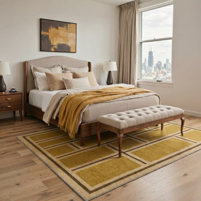 Machine Washable Geometric Yellow / Tan Area Rug With Non-Slip Backing